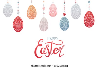 Happy Easter. Card with hanging Easter egg with geometric floral pattern, tribal decorations and lettering. Festive spring treat with wishes. Postcard with garland egg with folk ornaments and quote