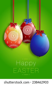 Happy Easter card with hanging easter eggs on green background - vector illustration