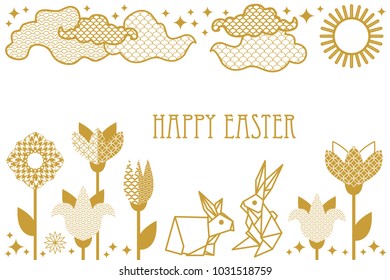 Happy Easter card with hare, blooming spring flowers, clouds and ornate eggs. New minimalism linear style. Template for posters, banners, invitations. White and golden.