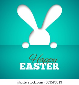 Happy easter card with hiding bunny and font on blue paper background. Vector illustration for bright funny holiday design. Greeting card with cut out white rabbit.