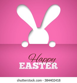 Happy easter card with hiding bunny and font on pink paper background. Vector illustration for bright funny holiday design. Greeting card with cut out white rabbit.