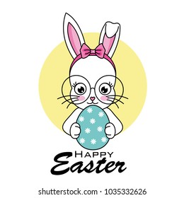 Happy easter card. hipster bunny with glasses with easter egg