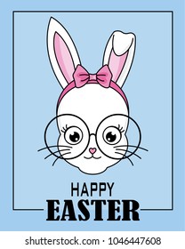 Happy easter card. hipster bunny girl with glasses and tie
