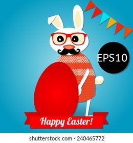 Happy Easter card with hipster rabbit and the egg. Easter Bunny Ears. Vector.