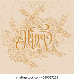Happy Easter card. Easter holiday background. Hand drawn lettering. Isolated on white background.  Vector illustration