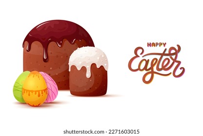 Happy Easter card pastel de bolas de huevo set plano. Cartas de saludo con letras tradicionales de productos horneados eslavos glaseados de chocolate azúcar decorando el fin de semana religioso decoración cristiana april postre de afiche