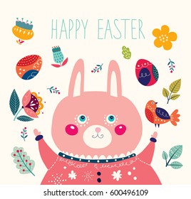 Happy easter card. Holiday easter illustration in cartoon style. Stylish holiday background.