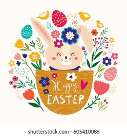 Happy easter card. Holiday easter illustration in cartoon style. Stylish holiday background.