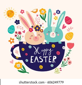 Happy easter card. Holiday easter illustration in cartoon style. Stylish holiday background.