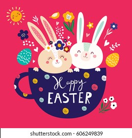 Happy easter card. Holiday easter illustration in cartoon style. Stylish holiday background.