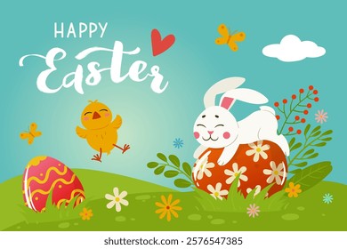 Happy Easter card. Easter holidays colorful poster with Easter bunny and painted eggs flat vector background illustration. Easter holidays backdrop