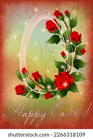 Tarjeta Feliz Pascua, huevo sagrado con flores de rosa, ilustración vectorial	