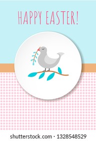 Happy easter card. Illustration of a bird with willows on a white circle background. Template for design for greeting card, poster, banner. Vector art illustration.