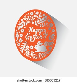 Happy easter card illustration with   bunny,  rabbit and lettering. red background.