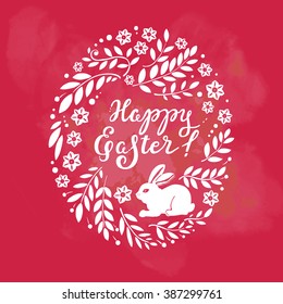 Happy easter card illustration with   bunny,  rabbit and lettering.