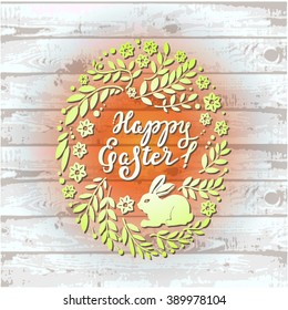 Happy easter card illustration with   bunny,  rabbit and lettering. Wooden background.