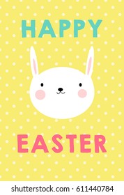 Happy Easter card illustration with easter bunny on  yellow polka dot background