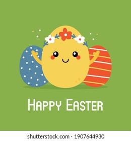 Happy Easter card, illustration with cute decorated easter egg character. Egg hunt game kids design.