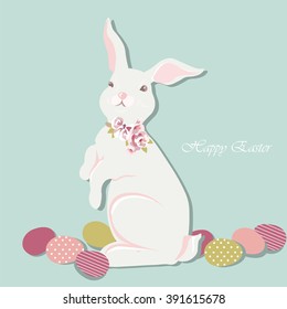 Happy Easter card Illustration with cute bunny rabbit and Easter eggs. Vector