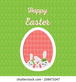 Happy easter card illustration with easter eggs and family of rabbits.