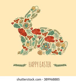 Happy easter card  illustration with floral decorative easter bunny, easter rabbit 