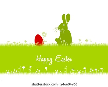 Happy Easter card illustration . Rabbit looking at the egg hidden in the grass 