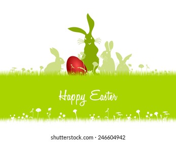 Happy Easter card illustration . Rabbits looking at the red egg hidden in the grass 