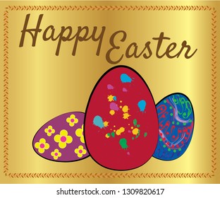 Happy Easter card illustration with red, blue, violet egg on golden background with text