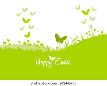 Happy Easter card illustration . Spring butterflies and green grass