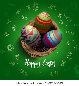 happy easter card illustrations colorful with doodle hand drawing and green color background