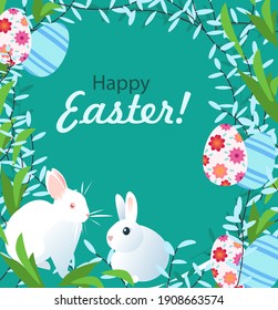 Happy Easter card with image of spring white rabbits, eggs, flowers and willow