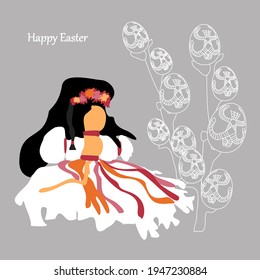 Happy Easter card. Image of Ukrainian symbols of amulets. Drawing of an ethnic doll made of threads and painted eggs.