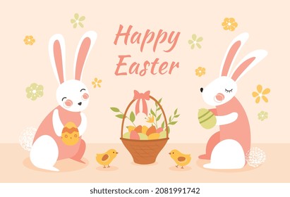 Happy Easter card. International religious holiday. Beautiful background, website design element, picture for printing on fabric. Two rabbits sit by basket, bunny. Cartoon flat vector illustration