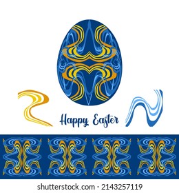 Frohe Osterkarte. Intrikate ungewöhnliche Muster von gewellten Linien in Blau- und Gelbtönen.