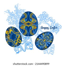 Happy Easter card. Intricate unusual patterns of wavy embossed lines in blue and yellow tones.