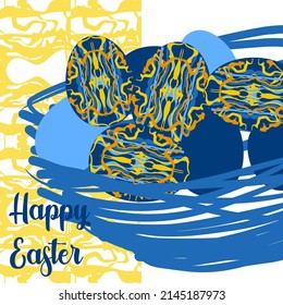 Frohe Osterkarte. Intrikate ungewöhnliche Muster von gewellten Linien in Blau- und Gelbtönen.