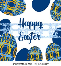 Happy Easter card. Intricate unusual patterns of wavy embossed lines in blue and yellow tones.