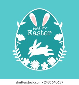 Happy Easter card with jumping bunny inside egg shaped frame with spring flowers on blue background vector illustration.