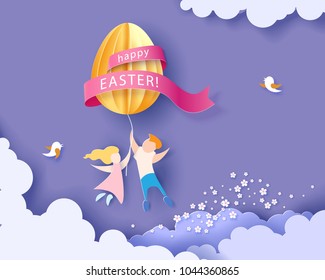 Happy Easter Card With Kids, Flowers And Egg Air Balloon With Blue Sky Background. Vector Illustration. Paper Cut And Craft Style.