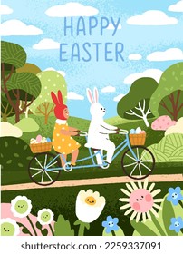 Feliz tarjeta de Pascua. Diseño de postales para las vacaciones de primavera. Hermoso, conejo de hadas, personaje de cuento de hadas kawaii y niño en bicicleta con huevos. Ilustración vectorial plana infantil de color moderno