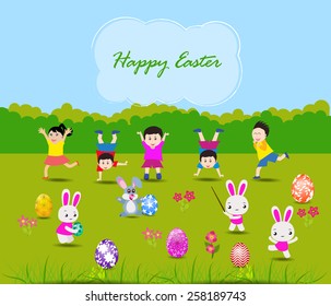 Happy Easter card with kids and rabbits 