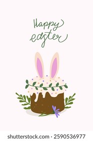 Happy Easter card with kulich. Trendy pastel greeting card with traditional orthodox pastry and spring flowers. Minimalistic and elegant vector design with hand drawn calligraphy
