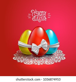 Happy Easter card With , lace, bow eggs. Vector illustration