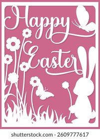 Happy Easter card. Layered paper cut Flowers and Butterflies. Paper cut out design. Shadow box style. 3D design.