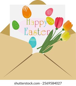 Happy Easter! Easter card. Easter letter. Greeting card, greeting letter. Easter eggs and tulips.
