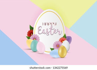Happy Easter card lettering background with beautiful colorful spring flowers and eggs, bunny rabbit shape frame. Vector illustration greeting card, ad, promotion, poster, flyer, web-banner, article