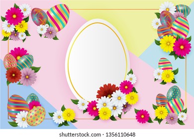 Happy Easter card lettering background with beautiful colorful spring flowers and eggs, bunny rabbit shape frame. Vector illustration greeting card, ad, promotion, poster, flyer, web-banner, article