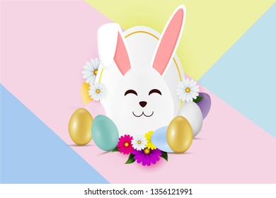 Happy Easter card lettering background with beautiful colorful spring flowers and eggs, bunny rabbit shape frame. Vector illustration greeting card, ad, promotion, poster, flyer, web-banner, article
