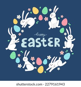 Happy easter card with lettering, bunnies and eggs. Minimalist holiday vector illustration design in circular shape