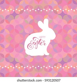Happy Easter card with lettering and bunny on decorative pink background